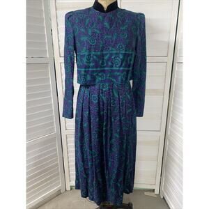 Halmode Petites Vintage Maxi Dress Women’s Green Purple Long Sleeve Sz 6